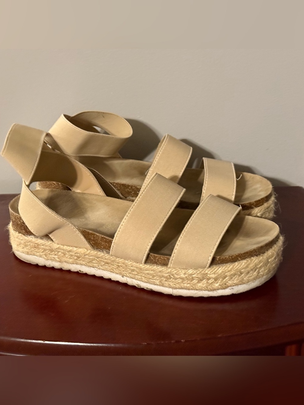 Maui Island Tan Espadrille Platform Sandals Boho Strap Beachy Shoe